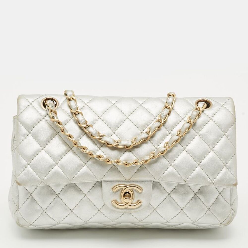 Chanel Classic Double Flap Medium Silver Quilted Leather Bag